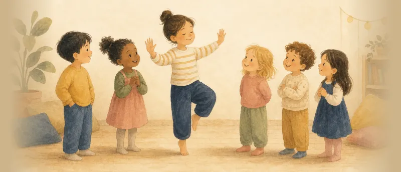 Illustration: Kinder stehen im Kreis, ein Kind stellt pantomimisch einen Begriff dar – Titelbild zu Pantomime-Begriffen für Kinder.