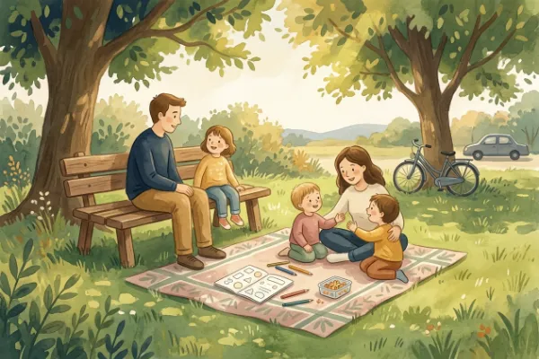 Picknickdecke am Rastplatz mit Spielblock und Stiften für eine Spielpause unterwegs