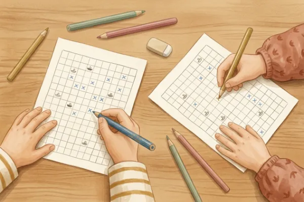 Zwei Spielpläne mit gezeichneten Booten auf kariertem Papier – Illustration zur klassischen Seeschlacht bei Schiffe versenken