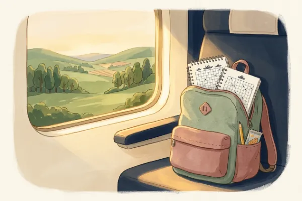 Spielblock mit vorgedruckten Rastern im Rucksack – Illustration zur Reise-Flotte