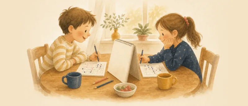 Schiffe versenken: zwei Kinder spielen mit Papier und Stift am Küchentisch – Titelbild der Spielesammlung