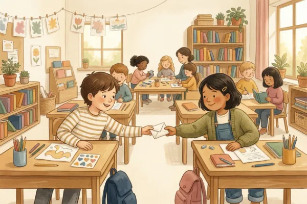 Kinder in verschiedenen Ecken schicken sich Zettel – Illustration zur Zettel-Post