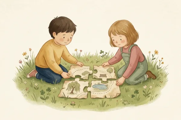 Illustration zum Spiel Versteckte Schatzkarte: vier Kartenteile liegen auf einer Wiese und werden zusammengesetzt