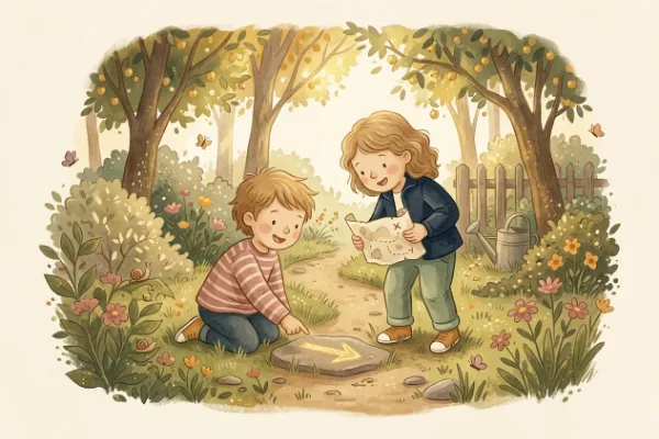 Kinder folgen einer Schnitzeljagd mit Zetteln und Pfeilen durch den Garten