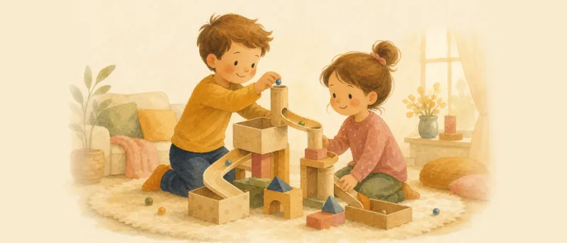 Spiele für Kinder: zwei Kinder bauen im Wohnzimmer eine Kugelbahn aus Kartons und Bauklötzen