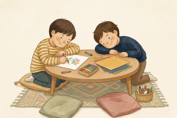 Illustration: Ein Zettel mit einem Satz und eine Kinderzeichnung liegen nebeneinander