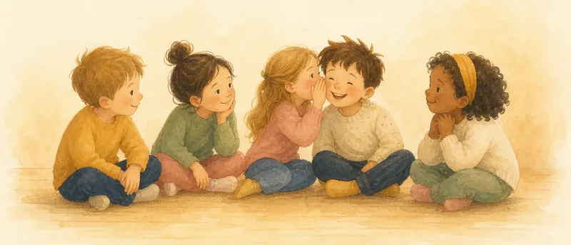 Illustration: Kinder sitzen im Kreis und flüstern sich bei Stille Post eine Nachricht ins Ohr