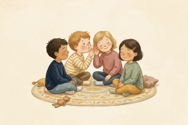 Illustration: Kinder machen Geräusche mit dem Mund und geben sie weiter