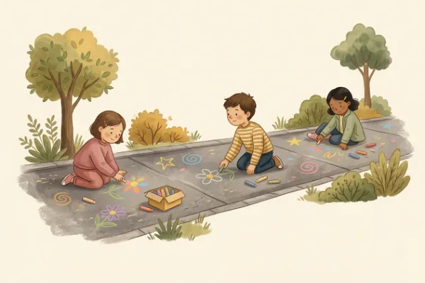 Illustration: Kreidebilder auf dem Hof werden von Kind zu Kind weitergegeben