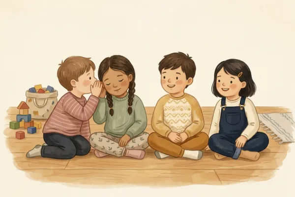 Illustration: Kinder sitzen in einer Reihe und geben eine Flüsterbotschaft weiter