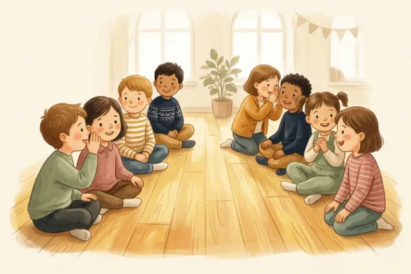 Illustration: Zwei Kinderreihen flüstern bei Stille Post um die Wette