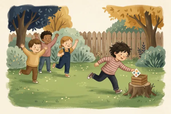 Illustration: Kinder spielen die Wer-bin-ich-Staffel im Garten und holen Zettel von einer Station
