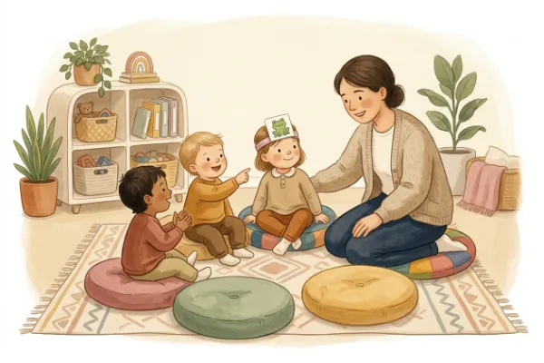 Illustration: Erzieherin mit Kindern im Morgenkreis beim Wer-bin-ich-Spiel in der Kita
