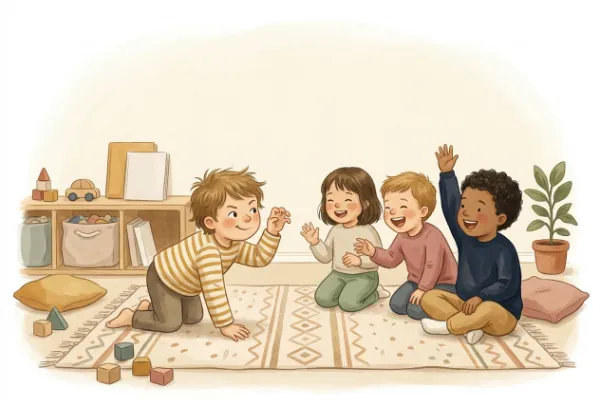 Illustration: Kind stellt pantomimisch einen Löwen dar, während andere Kinder raten