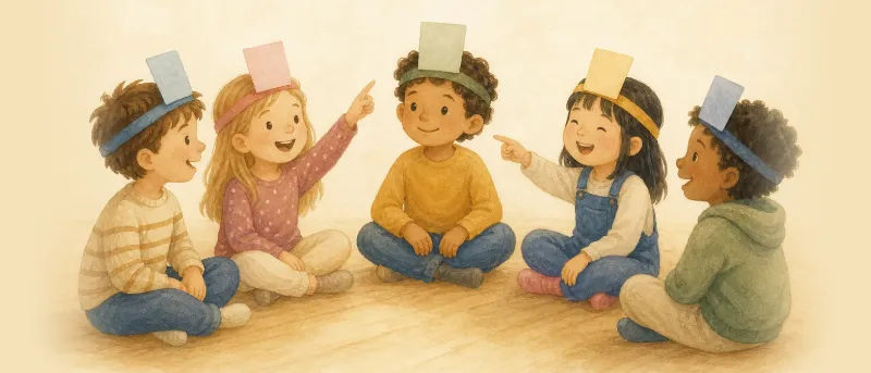 Illustration: Kinder sitzen im Kreis und spielen Wer-bin-ich-Spiel mit bunten Zetteln auf der Stirn