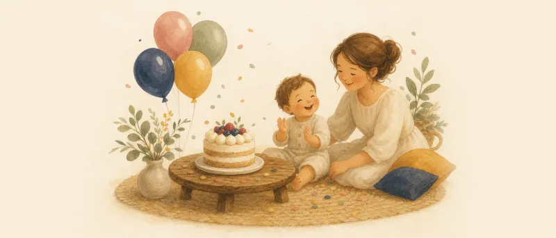 Luftballons, Konfetti und eine kleine Torte für liebevolle Glückwünsche zum 1. Geburtstag.
