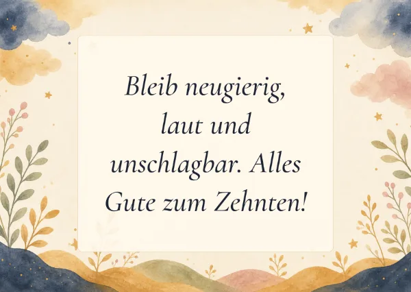 Spruchkarte: Bleib neugierig, laut und unschlagbar. Alles Gute zum Zehnten!