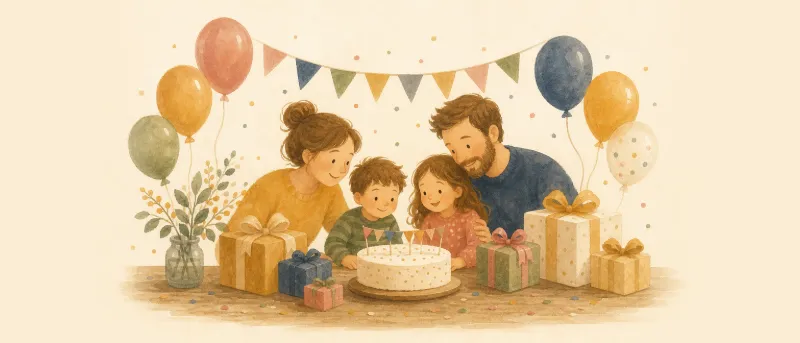 Glückwünsche zum 10. Geburtstag: Festlich gedeckter Geburtstagstisch mit Torte, Geschenken, bunten Luftballons und Girlanden.