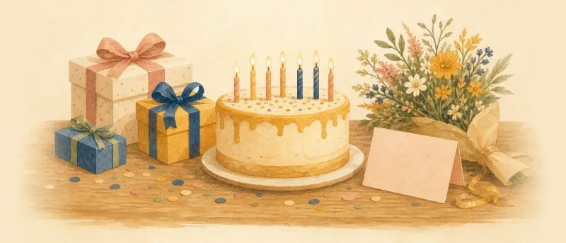 Glückwünsche zum 12. Geburtstag: Festlich gedeckter Tisch mit Kuchen, bunten Geschenken, Konfetti und Grußkarte
