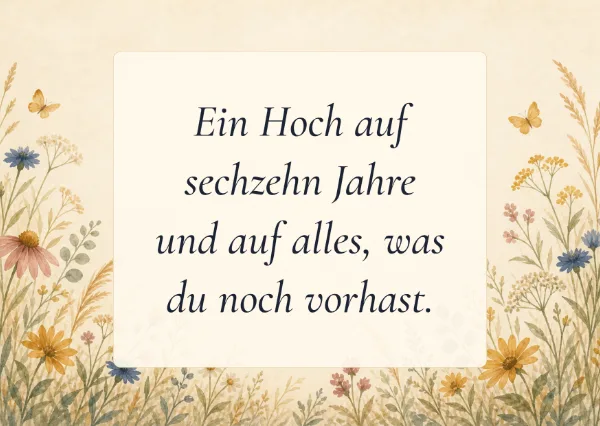 Spruchkarte: Ein Hoch auf sechzehn Jahre und auf alles, was du noch vorhast.