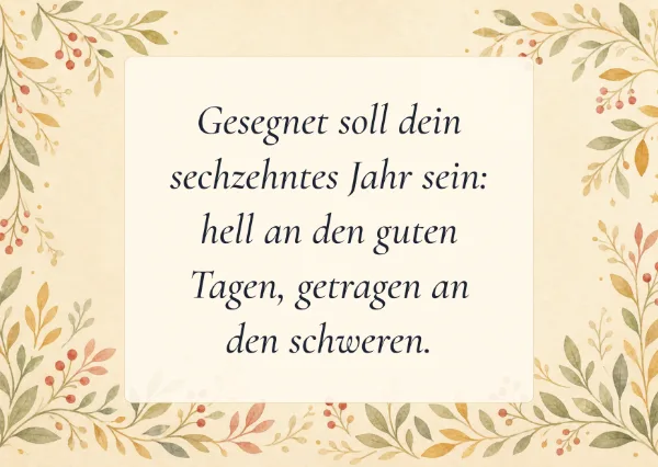 Spruchkarte: Gesegnet soll dein sechzehntes Jahr sein: hell an den guten Tagen, getragen an den schweren.