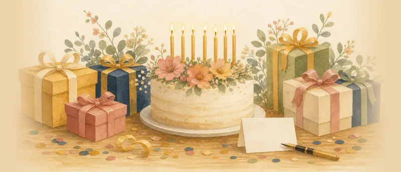 Geburtstagstisch mit Kuchen, Kerzen und Konfetti, daneben eine Karte und ein Stift – Glückwünsche zum 16. Geburtstag zum Kopieren