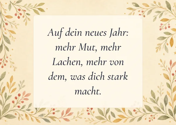 Spruchkarte: Auf dein neues Jahr: mehr Mut, mehr Lachen, mehr von dem, was dich stark macht.