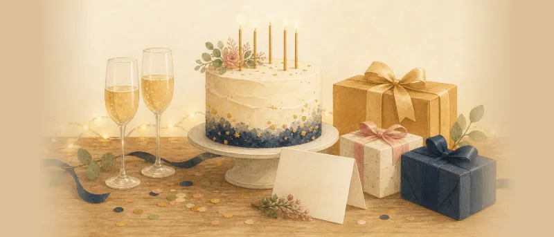 Festliche Geburtstagstafel mit kleiner Torte, Kerzen, Geschenken und Karte für Glückwünsche zum 18. Geburtstag