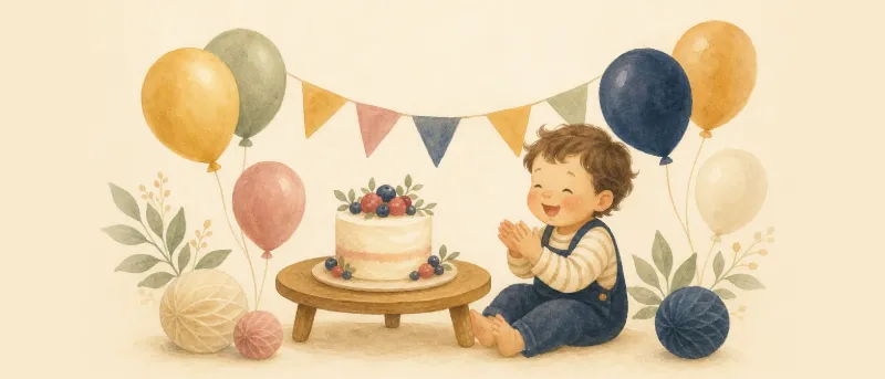 Festliche Geburtstagstorte mit bunten Luftballons und Girlande – Titelbild für Glückwünsche zum 2. Geburtstag