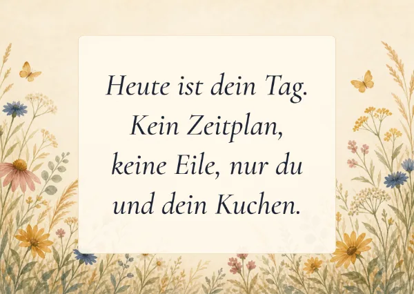 Spruchkarte: Heute ist dein Tag. Kein Zeitplan, keine Eile, nur du und dein Kuchen.