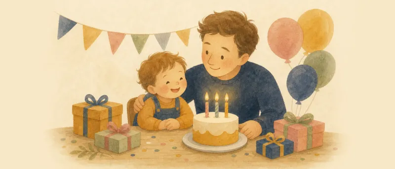 Glückwünsche zum 3. Geburtstag: Fröhliches Kleinkind am geschmückten Geburtstagstisch mit Kuchen, bunten Luftballons und Geschenken.