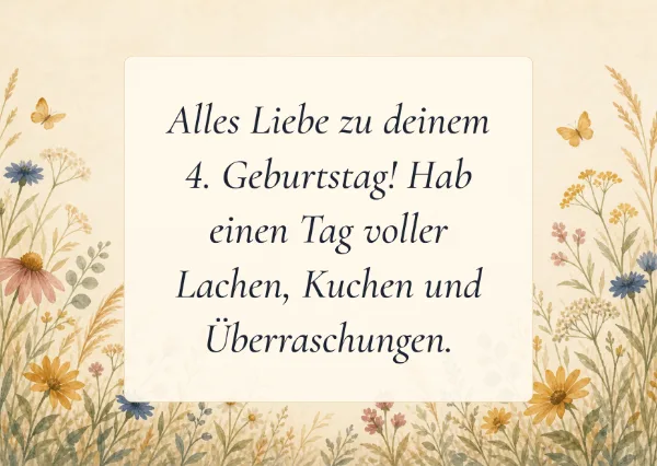 Spruchkarte: Alles Liebe zu deinem 4. Geburtstag! Hab einen Tag voller Lachen, Kuchen und Überraschungen.