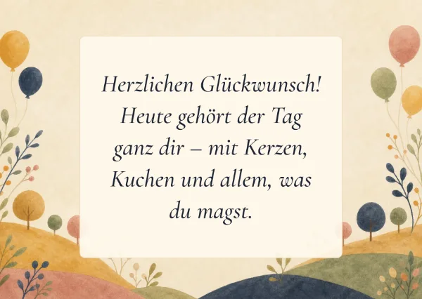 Spruchkarte: Herzlichen Glückwunsch! Heute gehört der Tag ganz dir – mit Kerzen, Kuchen und allem, was du magst.