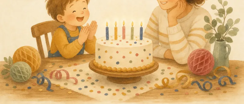 Fünf brennende Kerzen auf einer bunten Geburtstagstorte mit Konfetti – Titelbild für Glückwünsche zum 5. Geburtstag