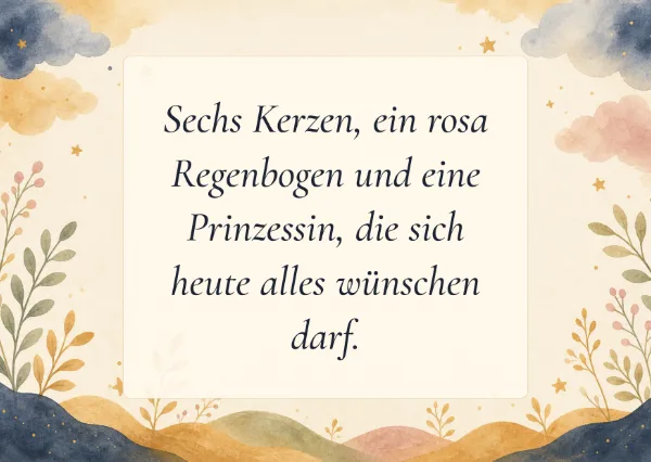 Spruchkarte: Sechs Kerzen, ein rosa Regenbogen und eine Prinzessin, die sich heute alles wünschen darf.