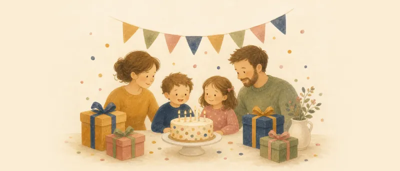 Festlich geschmückter Geburtstagstisch mit Kuchen und Geschenken – Glückwünsche zum 6. Geburtstag für Kinder.