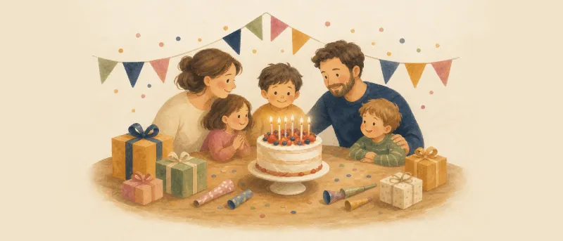 Glückwünsche zum 9. Geburtstag: Festlich geschmückter Geburtstagstisch mit Geburtstagskuchen, Kerzen und Geschenken