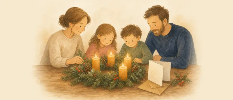 Traditioneller Adventskranz mit vier Kerzen und einer Grußkarte für Adventsgrüße