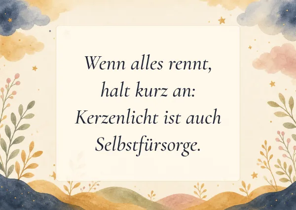 Spruchkarte: Wenn alles rennt, halt kurz an: Kerzenlicht ist auch Selbstfürsorge.