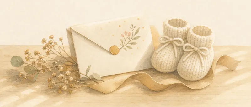 Handgeschriebene Geburtskarte mit Babysöckchen und Blumen auf hellem Holztisch – Sprüche über Babys zum Kopieren