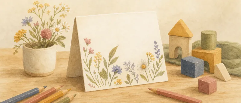 Kleine Dankeskarte mit Wiesenblumen und Buntstiften auf einem Holztisch im Kindergarten – Titelbild für Sprüche für Erzieherinnen