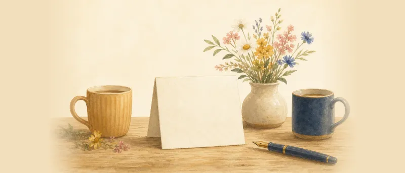 Grußkarte auf einem Holztisch neben Kaffeetassen und Blumenstrauß im Morgenlicht – schöne Sprüche über Familie für Karten.