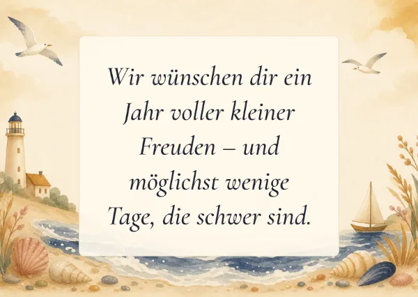 Spruchkarte: Wir wünschen dir ein Jahr voller kleiner Freuden – und möglichst wenige Tage, die schwer sind.