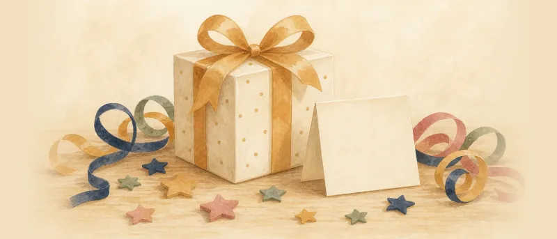 Geburtstagswünsche für Enkel: Geschenk mit Schleife, Grußkarte und bunten Konfettisternen auf einem Holztisch.