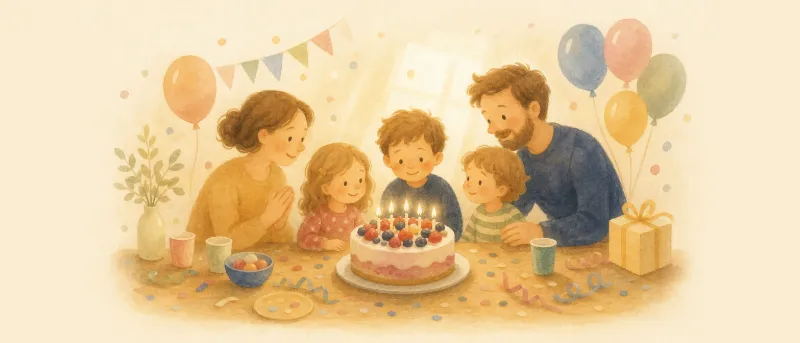 Bunte Geburtstagstorte mit Kerzen, Konfetti und Luftballons – Geburtstagswünsche für Kinder zum Kopieren
