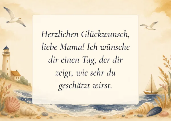 Spruchkarte: Herzlichen Glückwunsch, liebe Mama! Ich wünsche dir einen Tag, der dir zeigt, wie sehr du geschätzt wirst.