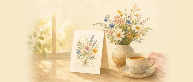 Liebevoll gestaltete Geburtstagswünsche für Mama auf einer Klappkarte neben einem bunten Blumenstrauß
