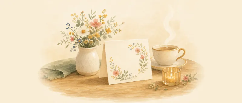 Geburtstagswünsche für Oma: gestaltete Geburtstagskarte mit Blumenstrauß, Kaffeetasse und kleiner Kerze auf einem Holztisch
