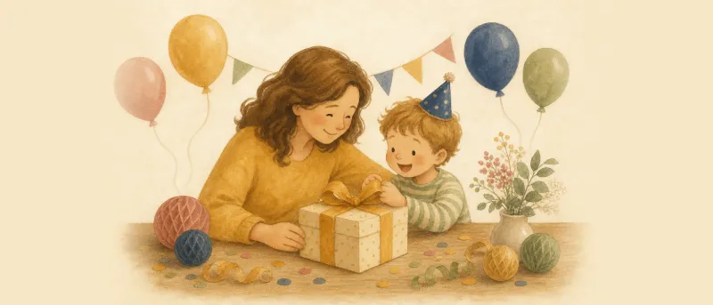 Pate und Patenkind am festlich geschmückten Tisch mit Geschenk und Ballons – Geburtstagswünsche fürs Patenkind.