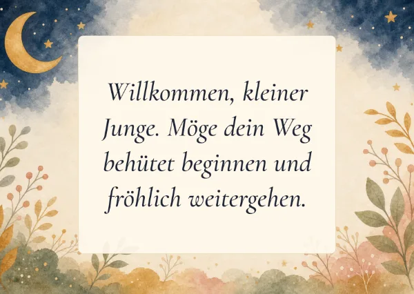 Spruchkarte: Willkommen, kleiner Junge. Möge dein Weg behütet beginnen und fröhlich weitergehen.